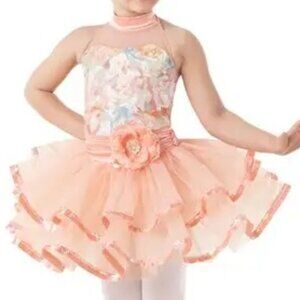 Peach Floral Glitter and Tricot Tutu Dance Dress